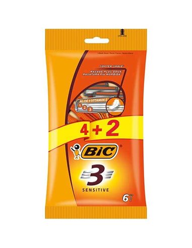 Bic - Sensitive 3 Pack de 4+2 Rasoirs Jetables 3 Lames - Bande Lubrifiante à l'Aloe Vera