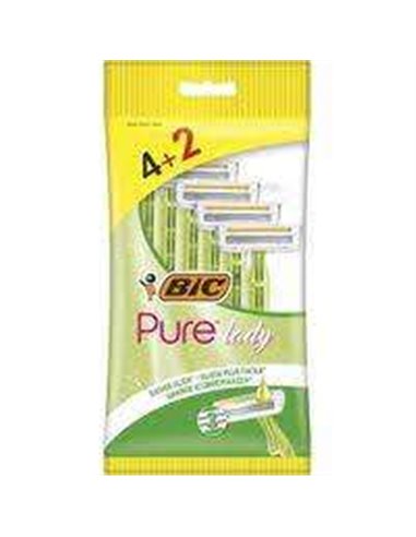 Bic - Pure 3 Lady Pack de 4+2 Rasoirs Épilatoires Jetables 3 Lames - Bande Lubrifiante à l'Aloe Vera