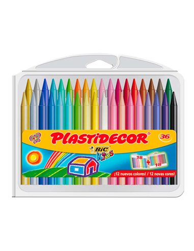 Bic - Kids Plastidecor Boîte de 36 Crayons de Cire - Extra résistants - Faciles à tailler - Ne tachent pas