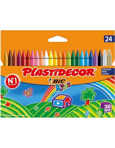 Bic - Kids Plastidecor Boîte de 24 Crayons de Cire - Extra résistants - Faciles à tailler - Ne tachent pas