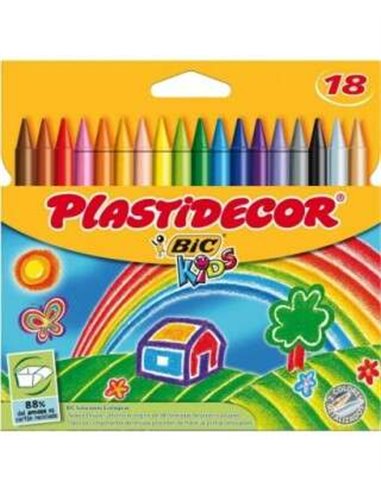 Bic - Kids Plastidecor Boîte de 18 Crayons Cire - Extra résistants - Faciles à tailler - Ne tachent pas