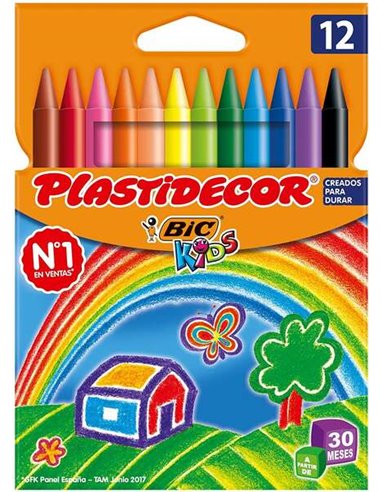 Bic - Kids Plastidecor Boîte de 12 Crayons de Cire - Extra résistants - Faciles à tailler - Ne tachent pas