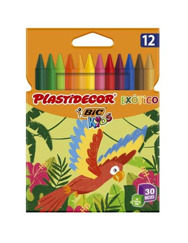 Bic - Kids Plastidecor Boîte de 12 Crayons de Cire - Couleurs EXO-tic - Extra Résistant - Facile à tailler - Ne tache pas