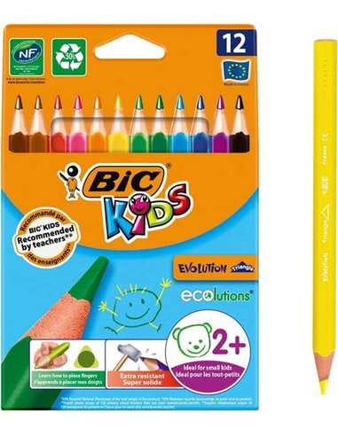 Bic - Kids Evolution Triangle Pack de 12 Crayons de Couleur Triangulaires - Pointe Ultra-résistante - Sans Bois