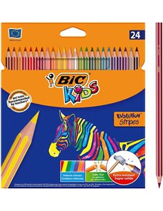 Bic - Kids Evolution Stripes Boîte de 24 Crayons de Couleurs Assortis - En Résine - Pointe Ultra-résistante - Mine Pigmentée 3,2