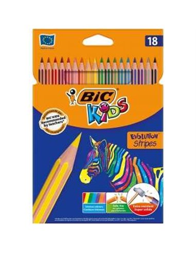 Bic - Kids Evolution Stripes Boîte de 18 Crayons de Couleurs Assortis - En Résine - Pointe Ultra-résistante - Mine Pigmentée 3,2