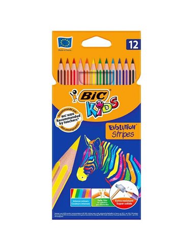 Bic - Kids Evolution Stripes Boîte de 12 Crayons de Couleurs Assortis - En Résine - Pointe Ultra-résistante - Mine Pigmentée 3,2