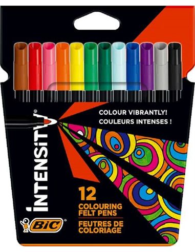 Bic - Pack Intensité de 12 Feutres - Pointe 0,9 mm - Encre Lavable à Base d'Eau - Couleurs Assorties