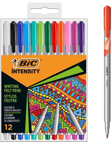 Bic - Intensity Medium Pack de 12 Marqueurs - Pointe Moyenne 0,8 mm - Encre à Base d'Eau - Couleurs Assorties