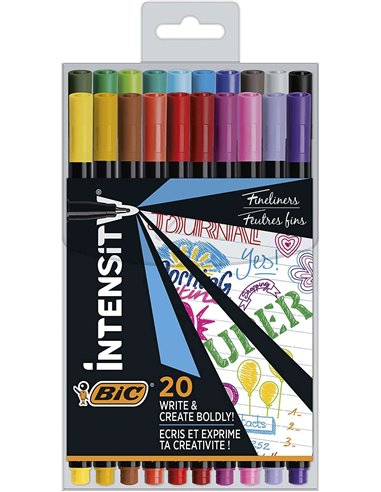 Bic - Intensity Fine Pack de 20 Feutres - Pointe Fine 0,8 mm - Trait 0,4 mm - Encre à Base d'Eau - Couleurs Assorties