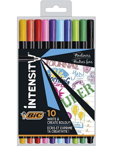 Bic - Intensity Fine Pack de 10 Marqueurs - Pointe Fine 0,8 mm - Trait 0,4 mm - Encre à Base d'Eau - Couleurs Assorties