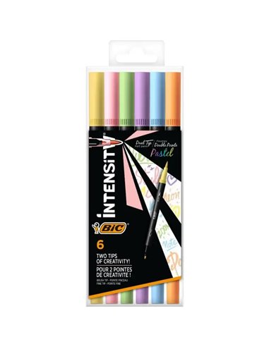 Bic - Intensity Dual Tip Pastel Pack de 6 Feutres Double Pointe - Pointe Pinceau + Pointe Fine - Encre à Base d'Eau - Couleurs P