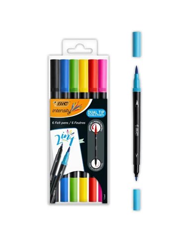 Bic - Intensity Dual Tip Pack de 6 Feutres Double Pointe - Pointe Pinceau + Pointe Fine - Encre à Base d'Eau - Couleurs Classiqu