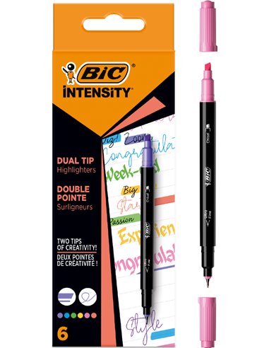 Bic - Intensity Dual Tip Pack de 6 Marqueurs Double Pointe - Pointe Biseautée + Pointe Fine 0,04 mm - Encre à Base d'Eau - Coule