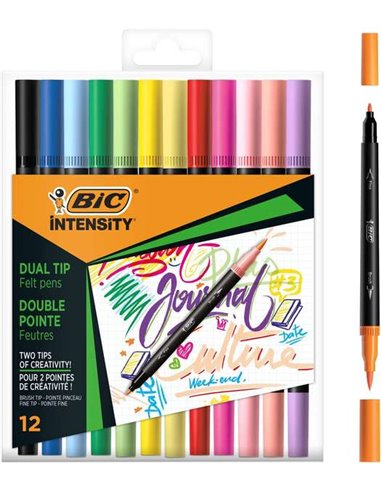 Bic - Intensity Dual Tip Pack de 12 Feutres Double Pointe - Pointe Pinceau + Pointe Fine - Encre à Base d'Eau - Assortiment de C