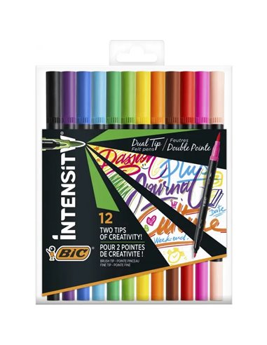 Bic - Intensity Dual Tip Pack de 12 Feutres Double Pointe - Pointe Pinceau + Pointe Fine - Encre à Base d'Eau - Couleurs Classiq