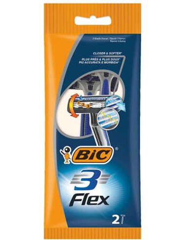 Bic - Flex 3 Lot de 2 Rasoirs Jetables 3 Lames - Tête Pivotante - Bande Lubrifiante à l'Aloe Vera