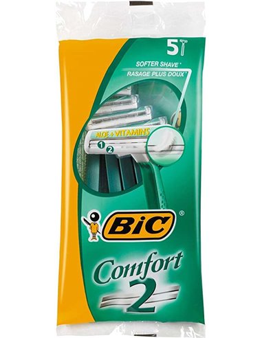 Bic - Confort 2 Lot de 5 Rasoirs Jetables 2 Lames - Bande Lubrifiante à l'Aloe Vera