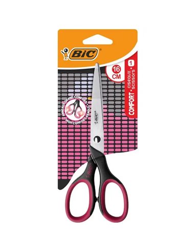 Bic - Ciseaux d'école confort 16 cm - Manche souple - Utilisation droitier - Couleur aléatoire Noir/Bleu ou Noir/Rose