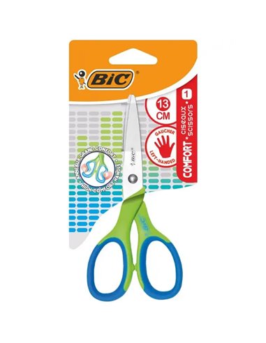 Bic - Ciseaux d'école confort 13 cm pour gaucher - Manche souple - Couleur Vert/Bleu