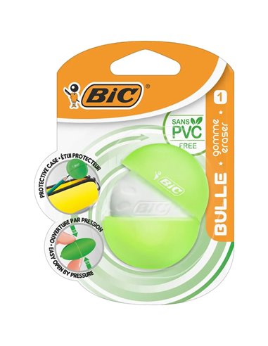 Bic - Gomme Bulle Blanche - Caoutchouc Synthétique - Sans PVC - Étui de Protection Couleur Aléatoire