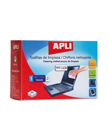 Apli - Lingettes nettoyantes pour équipements électroniques - Propriétés antistatiques - Comprend 20 enveloppes avec lingette hu