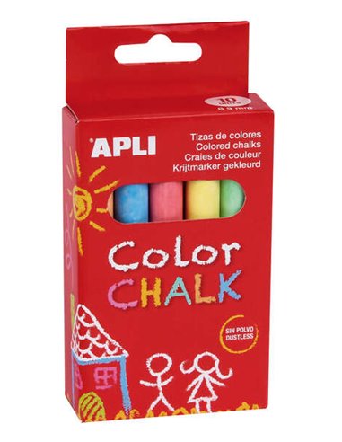 Apli - Craies rondes de couleurs assorties - Paquet de 10 craies Ø 9 x 80 mm - Sans poussière - Idéales pour écrire, dessiner et