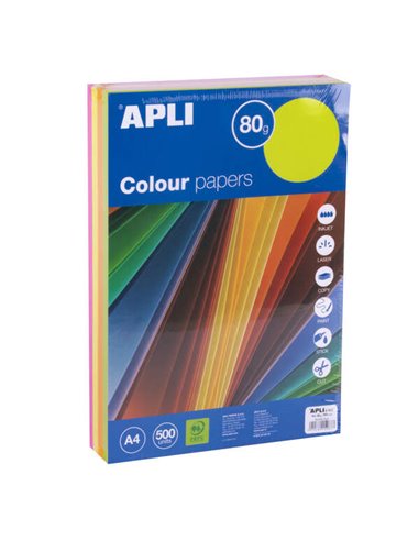 Apli - Papier couleurs assorties fluorescentes A4 500 feuilles