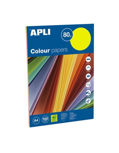 Apli - Papier couleurs assorties fluorescentes A4 100 feuilles