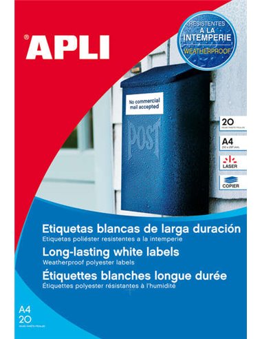 Apli - Paquet de 960 étiquettes blanches résistantes aux intempéries - Taille 45,7x21,2 mm - 20 feuilles x 48 étiquettes