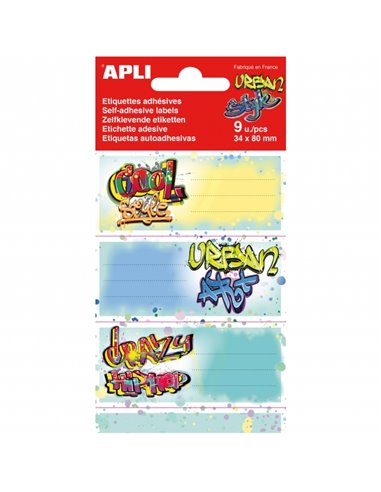 Apli - Pack de 9 Etiquettes Scolaires Modèle Graffiti - Taille 81x36mm - Adhésif Permanent - Idéal pour marquer et identifier li