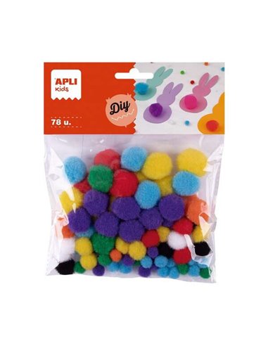 Apli - Pack de 78 Pompons - Mesures Assorties Ø 8 mm, Ø 10 mm, Ø 12 mm, Ø 15 mm et Ø 20 mm - Couleurs Assorties