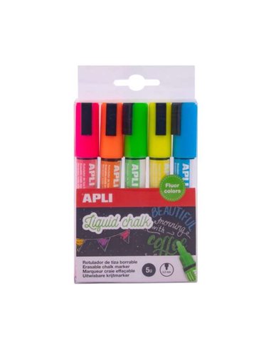 Apli - Pack de 5 Marqueurs à Craie Liquide Pointe Ronde - Pointe 5,5 mm - Séchage Rapide - Couleurs Assorties