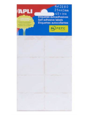 Apli - Pack de 48 Etiquettes Blanches 25x40mm - Adhésif Permanent - 8 Etiquettes par Feuille