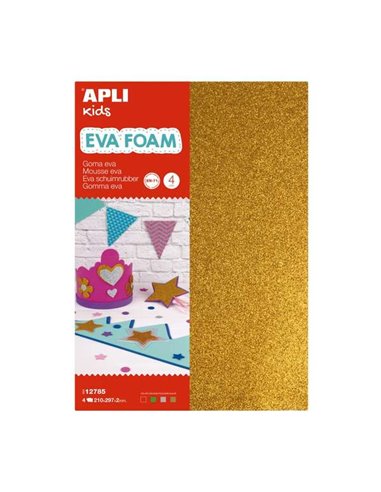 Apli - Pack de 4 Mousse Eva Pailletée A4 - Épaisseur 2 mm - Imperméable - Thermoformable - Couleurs Assorties