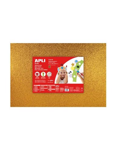 Apli - Pack de 3 Mousse Eva Paillettes Dorées 600 x 400 mm - Épaisseur 2 mm - Imperméable - Thermoformable - Couleur Or