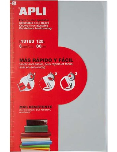 Apli - Pack de 3 Protège Livres à Rabat Ajustable 290 mm - PVC - Couverture en 3 Étapes