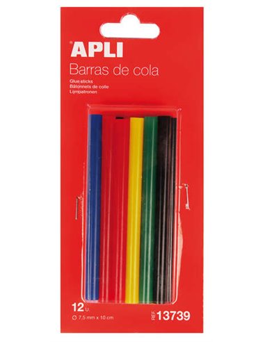 Apli - Pack de 12 Sticks Hot Melt de Couleurs Assorties Ø7,5mmx10cm - Adhésion Instantanée sur Multiples Surfaces - Ne Coule Pas