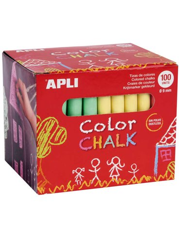 Apli - Paquet de 100 craies rondes de couleurs assorties Ø 9 x 80 mm - Sans poussière - Idéales pour écrire, dessiner et colorie