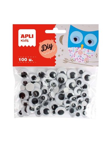 Apli - Pack de 100 Yeux Mobiles Ronds Adhésifs - Mesures Assorties Ø 7 mm, Ø 10 mm, Ø 12 mm et Ø 15 mm - Couleur Noir