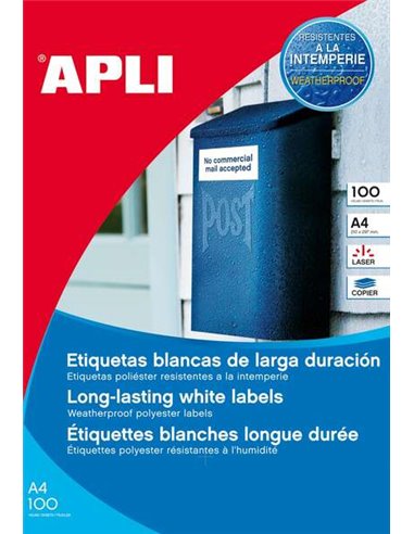 Apli - Paquet de 100 étiquettes résistantes aux intempéries 210 x 297 mm - Polyester finition mate - Bords droits - Coloris blan