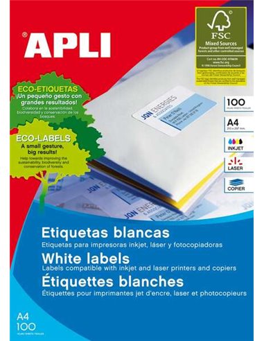 Apli - Pack de 100 Etiquettes Permanentes - Format 210 x 297 mm - Usages Multiples - Couleur Blanc