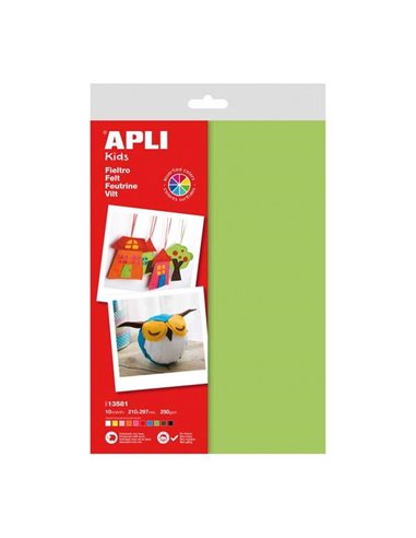 Apli - Paquet de 10 Feuilles de Feutre A4 - Épaisseur 250g/m² - 40% Laine Naturelle - Coloris Assortis