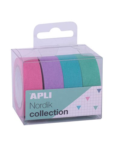 Apli - Pack Ruban Adhésif Papier Washi - 4 U - Tons Nordik - Décoratif et Réutilisable - Multicolore