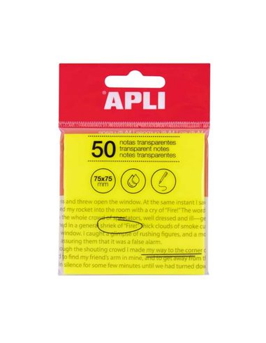 Apli - Bloc Notes Autocollantes Transparent 50 Feuilles 75x75mm - Pour noter sans perdre la visibilité du texte ou de l'image - 