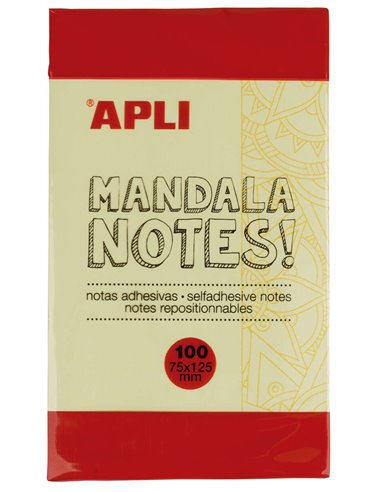 Apli - Mandala Sticky Notes 125x75mm - 100 Feuilles - Mandala Design - Adhésif de qualité - Jaune