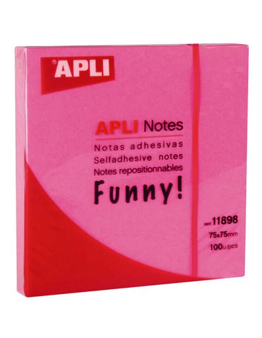 Apli - Funny Sticky Notes 75x75mm - Bloc de 100 feuilles - Adhésif de qualité - Facile à décoller - Rose Fluo