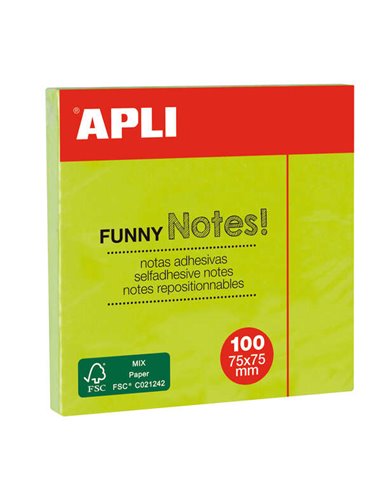 Apli - Funny Sticky Notes 75x75mm - Bloc de 100 feuilles - Adhésif de qualité - Facile à décoller - Couleur Vert Fluo