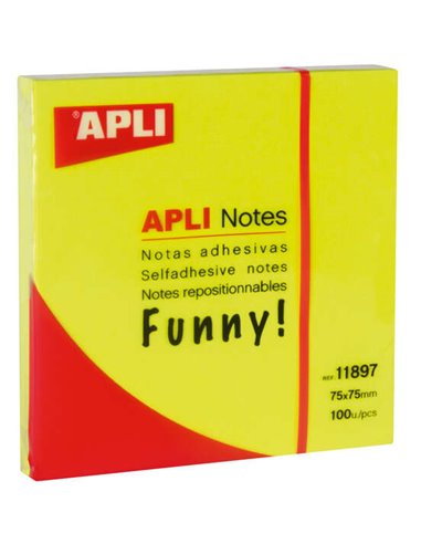 Apli - Funny Sticky Notes 75x75mm - Bloc de 100 feuilles - Adhésif de qualité - Facile à décoller - Couleur Jaune Fluo