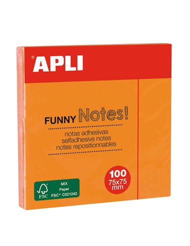 Apli - Funny Sticky Notes 75x75mm - Bloc de 100 Feuilles - Adhésif de Qualité - Couleur Orange Fluorescent